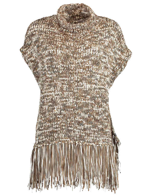 Cotton Fringe Turtleneck Poncho