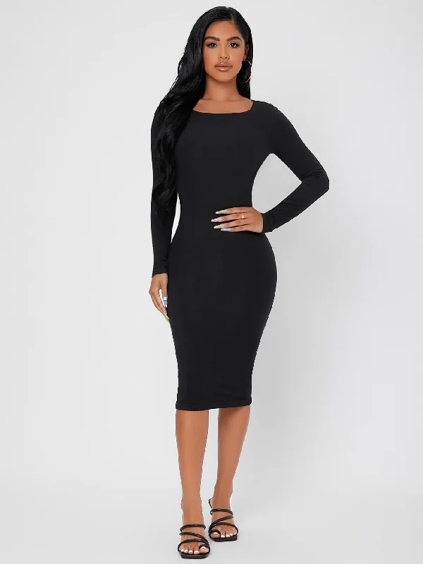 Elegant Plain Long Sleeve Round Neck Pencil Natural Midi Womens Dress