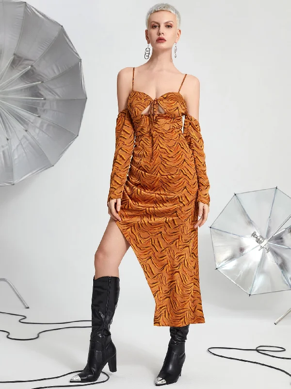 Sexy All Over Print Split Thigh Long Sleeve Cold Shoulder Asymmetrical Natural Long Dress