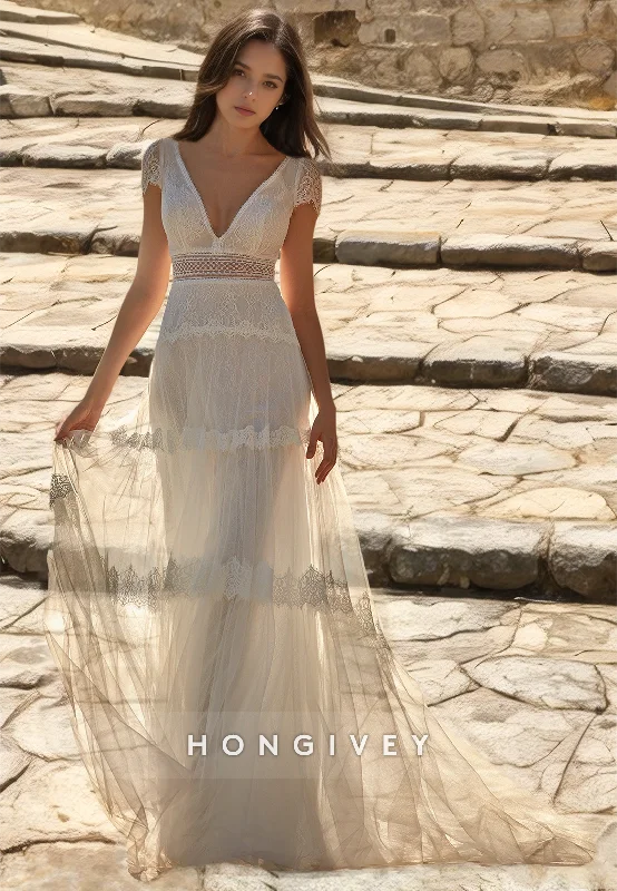 HONGIVEY Lace Wedding Dresses Beach Short Sleeves V-Neck Sheath Bridal Dress