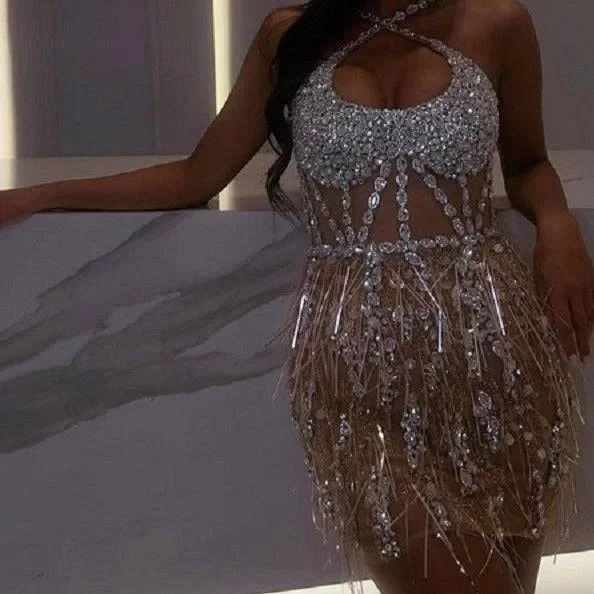 Kymbra Hollow Out Rhinestone Mesh Mini Dress