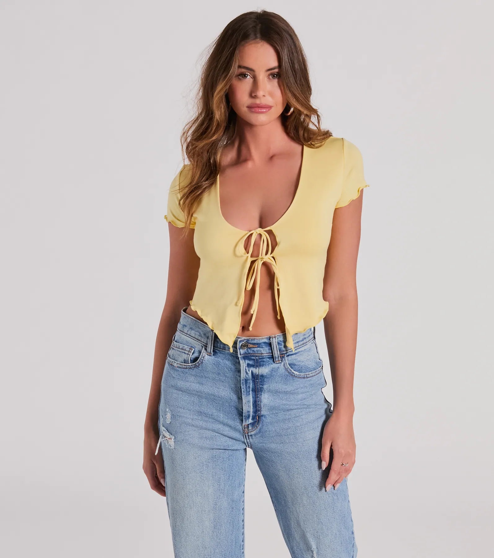 Somewhere Sweet Tie-Front Short Sleeve Crop Top