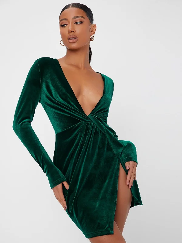 Glamorous Plain Split Thigh Long Sleeve Deep V Neck Wrap High Waist Mini Dress