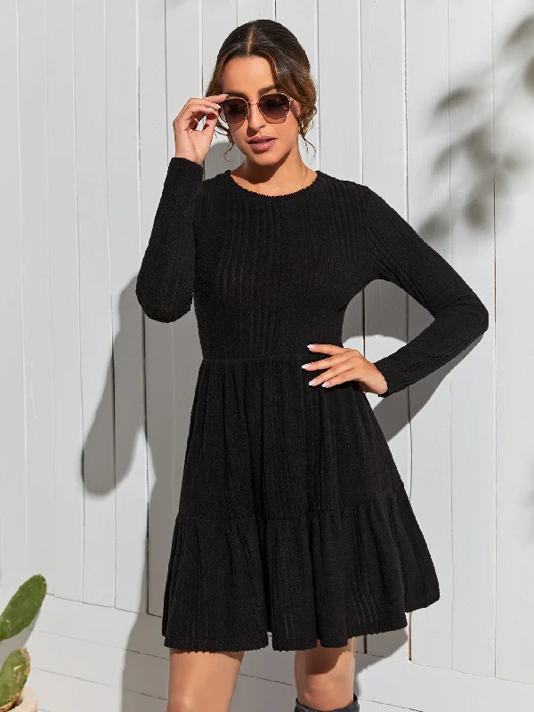 Casual Plain Rib-Knit Long Sleeve Round Neck Flared High Waist Short Dress