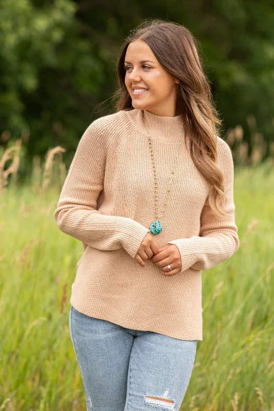 Beige Ribbed Mock Neck Sweater