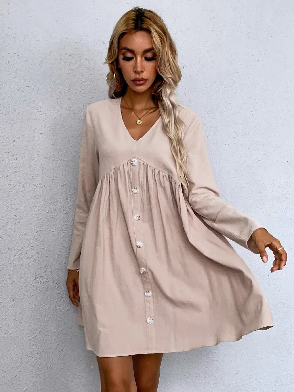 Cute Plain Button Front Long Sleeve V Neck Flared High Waist Short Dress