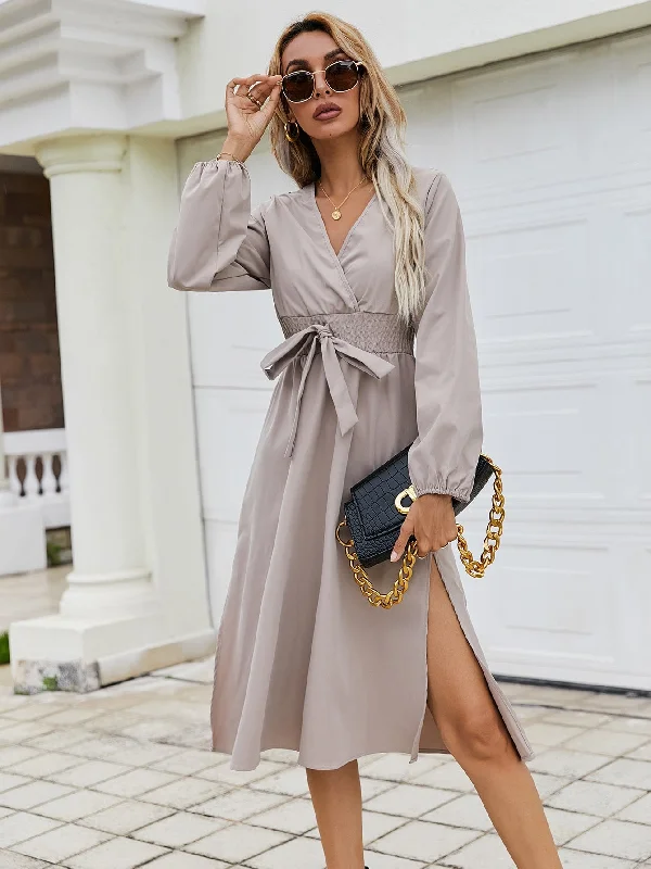 Elegant Plain Tie Front Long Sleeve V Neck Slit High Waist Midi Dress