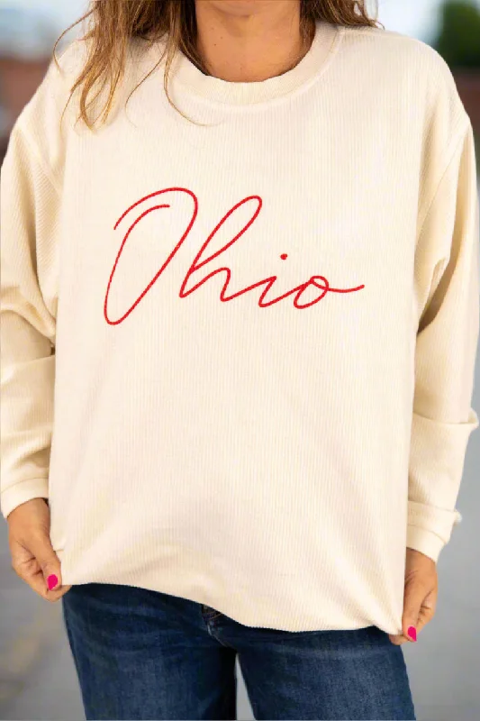 Cursive Ohio Cream Ribbed Graphic Crewneck