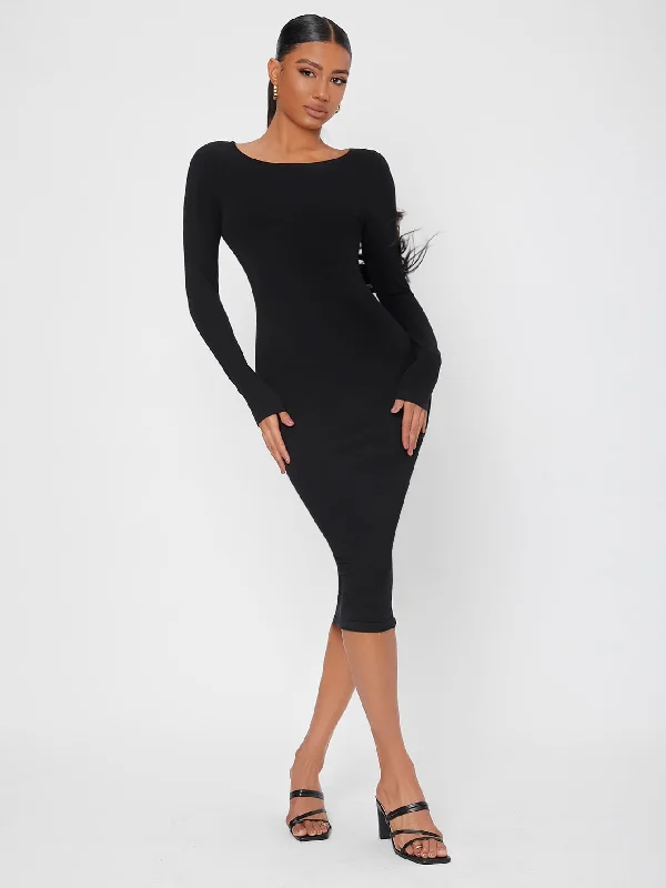 Elegant Plain Long Sleeve Round Neck Pencil Natural Midi Womens Dress