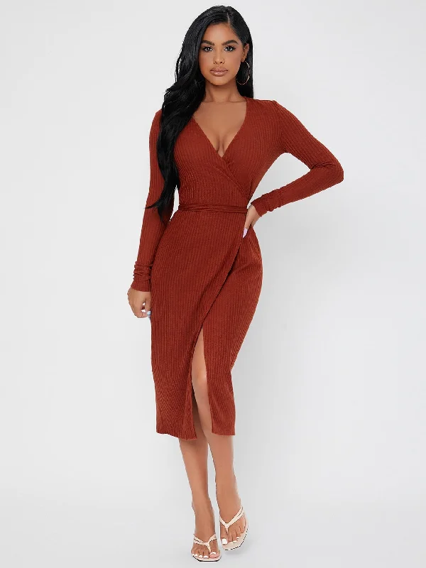 Elegant Plain Rib-Knit Long Sleeve V Neck Wrap High Waist Midi Dress