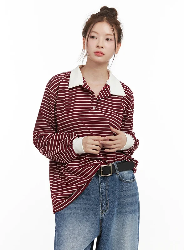 Oversized Stripe Collared Long Sleeve Top IJ527