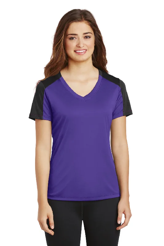 Sport-Tek Womens Competitor Moisture Wicking Short Sleeve V-Neck T-Shirt - Purple/Black - Closeout