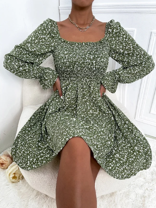 Boho Ditsy Floral Shirred Long Sleeve Square Neck Flared High Waist Short Dress