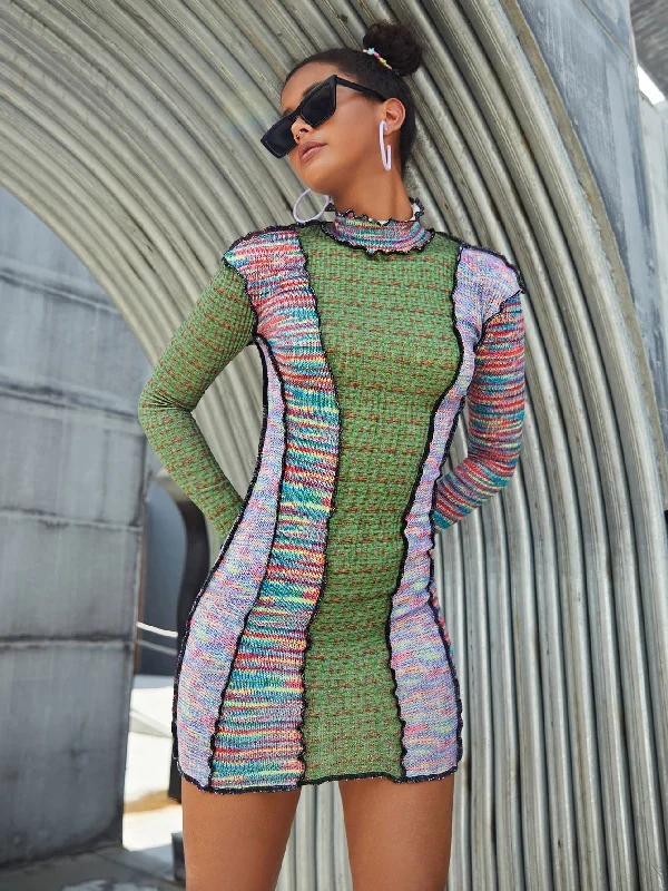 Casual Colorblock Contrast Binding Long Sleeve Stand Collar Pencil Natural Mini Dress