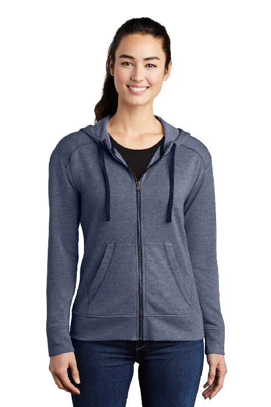 Sport-Tek Womens Moisture Wicking Fleece Full Zip Hooded Sweatshirt Hoodie w/ Pockets - Heather True Navy Blue