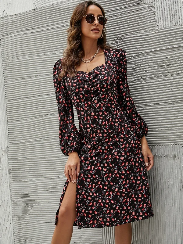 Boho Ditsy Floral Split Thigh Long Sleeve Sweetheart Slit High Waist Knee Length Dress