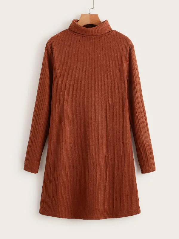 Casual Plain Rib-Knit Long Sleeve Funnel Neck Straight Natural Knee Length Dress