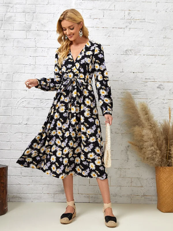 Boho Floral Belted Long Sleeve V Neck Flared High Waist Midi Dress