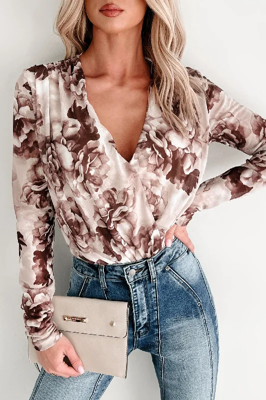 Red Carpet Ready Floral V Neck Bodysuit (Latte)