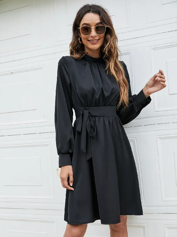 Elegant Plain Zipper Long Sleeve Stand Collar Flared High Waist Short Dress