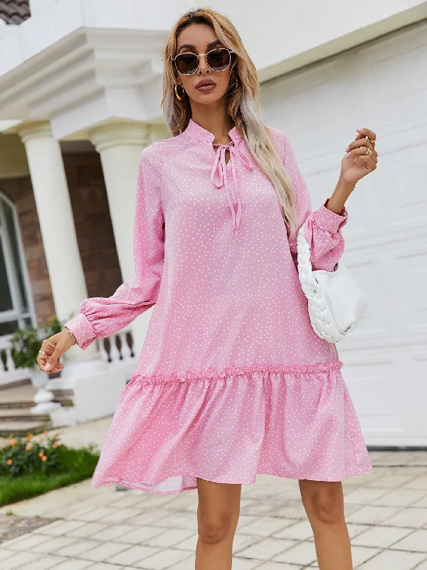 Cute Polka Dot Tie Front Long Sleeve Tie Neck Flounce Drop Waist Knee Length Dress