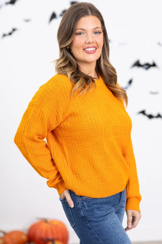 Orange Checkerboard Textured Sweater