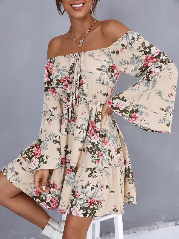 Boho Floral Tie Front Long Sleeve Off The Shoulder Flounce High Waist Short Dress