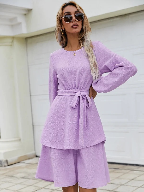 Elegant Plain Zipper Long Sleeve Round Neck Layered/Tiered High Waist Knee Length Dress