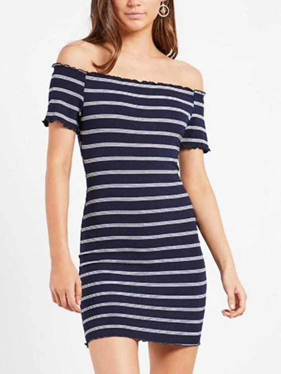 Wholesale Blue Off The Shoulder Short Sleeve Stripe Flounced Hem Mini Dress