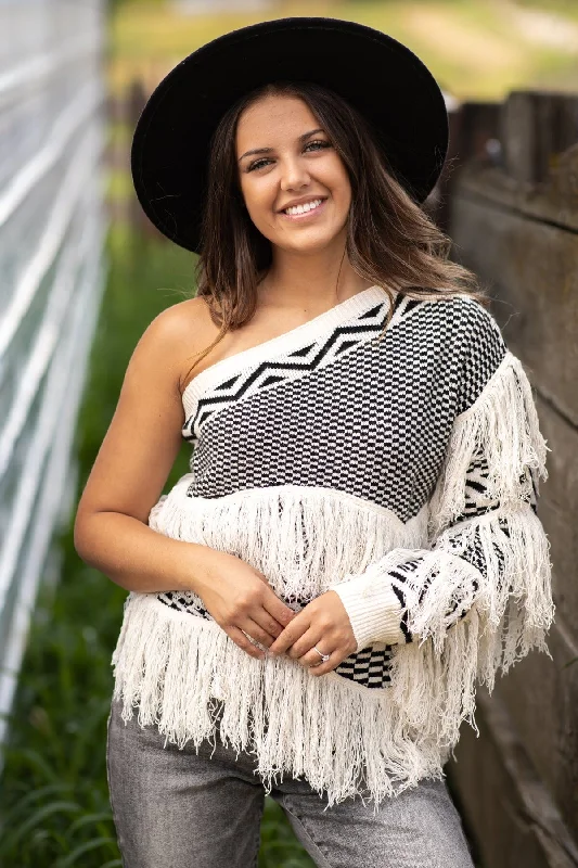 Ivory One Shoulder Sweater With Fringe