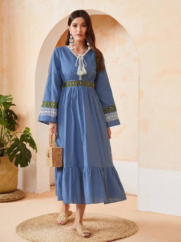 Boho Graphic Tape Long Sleeve V Neck Flounce High Waist Long Dress