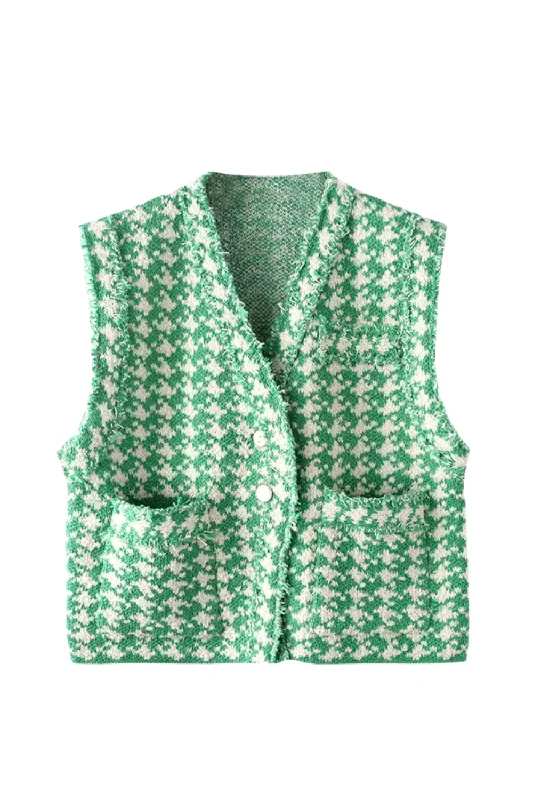 'Jayla' V-Neck Houndstooth Knitted Sleeveless Cardigan