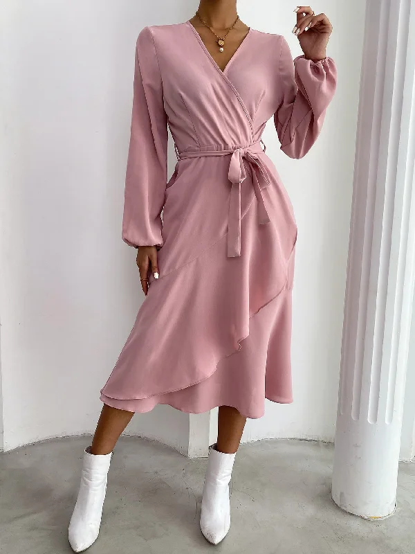 Elegant Plain Belted Long Sleeve V Neck Wrap High Waist Knee Length Dress