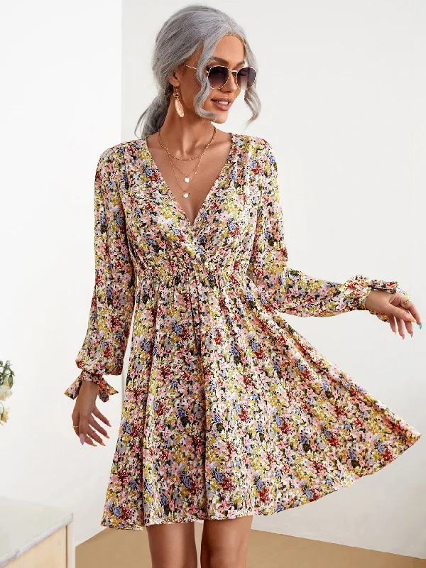 Boho All Over Print Knot Long Sleeve V Neck Flared High Waist Short Dress