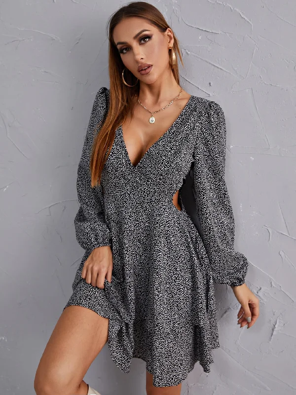 Sexy Ditsy Floral Zipper Long Sleeve Deep V Neck Layered/Tiered High Waist Short Dress