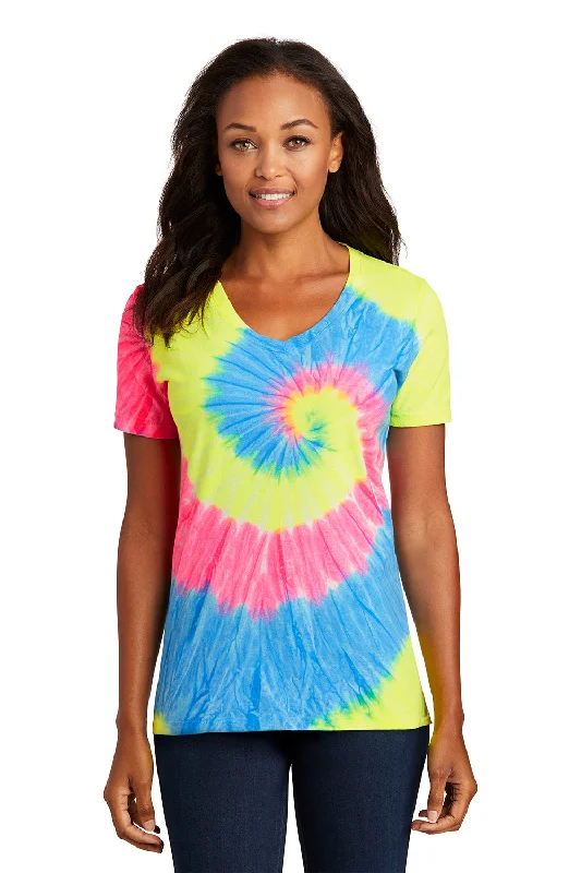 Port & Company Womens Tie-Dye Short Sleeve V-Neck T-Shirt - Neon Rainbow