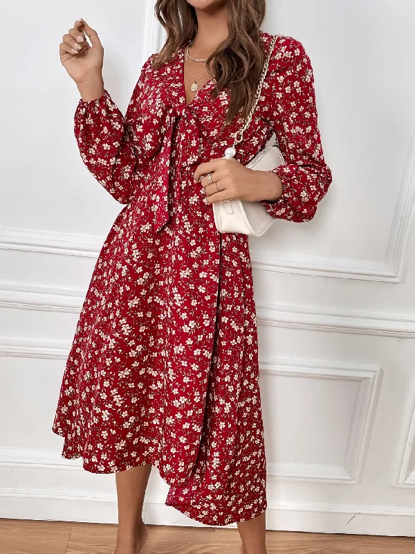 Boho All Over Print Tie Front Long Sleeve V Neck Flared High Waist Long Dress