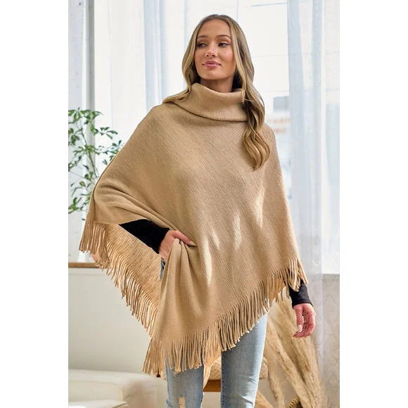 Taupe Cowl Neck Knit Sweater Fringe Poncho Women's Casual One Size