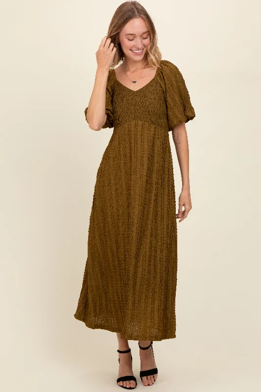 Olive Smocked V-Neck Short Puff Sleeve Textured Midi Dress