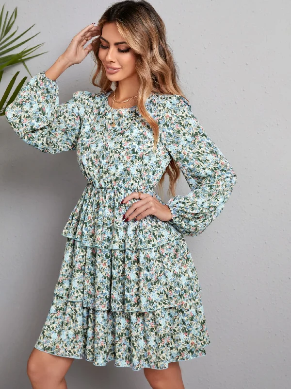 Boho All Over Print Button Long Sleeve Round Neck Layered/Tiered High Waist Short Dress