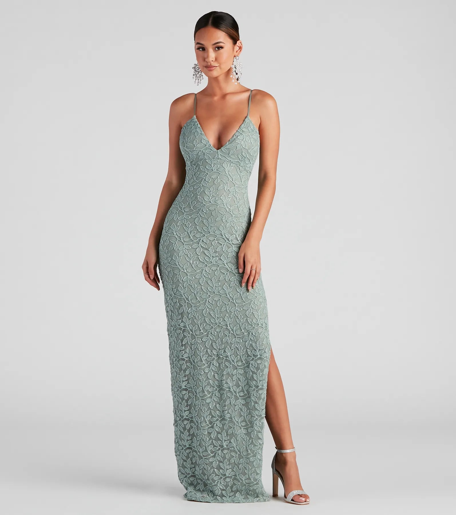 Marylou Lace Mesh Plunge Neck Formal Dress