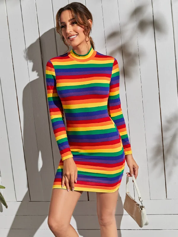 Casual Rainbow Stripe Long Sleeve Stand Collar Pencil Natural Mini Dress