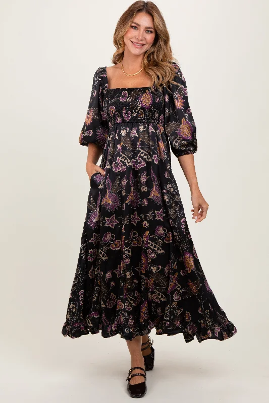 Black Floral Smocked Ruffled Hem Maxi Dress