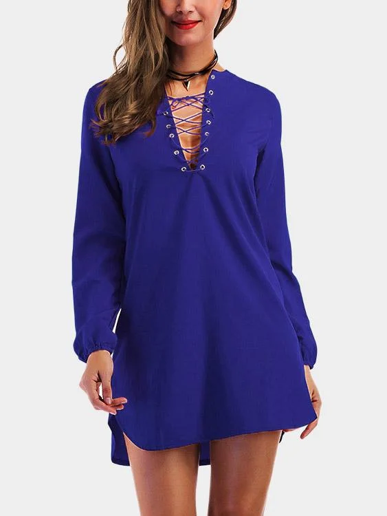 Wholesale V-Neck Long Sleeve Plain Lace-Up Curved Hem Mini Dress