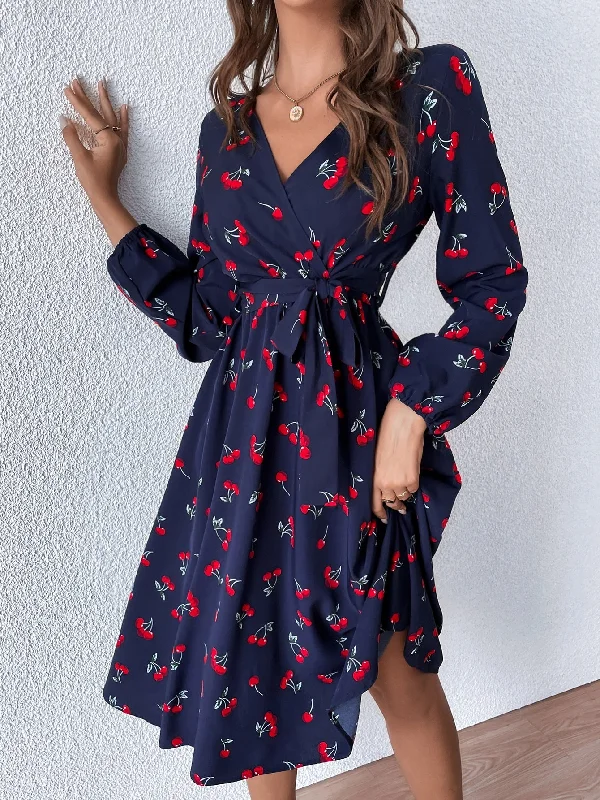 Boho Fruit&Vegetable Belted Long Sleeve V Neck Flared High Waist Short Dress