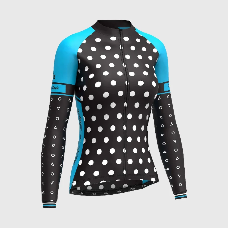 Fdx Polka Dots Women's & Girl's Blue Thermal Roubaix Long Sleeve Cycling Jersey