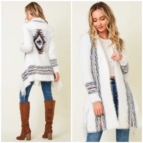 White Fuzzy Eyelash Fringe Rainbow Aztec Pattern Open Knit Cardigan Sweater