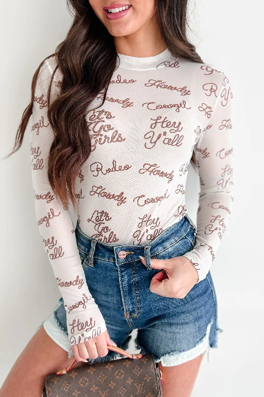 Rodeo Rowdy Graphic Mesh Long Sleeve Top (Ivory/Taupe)