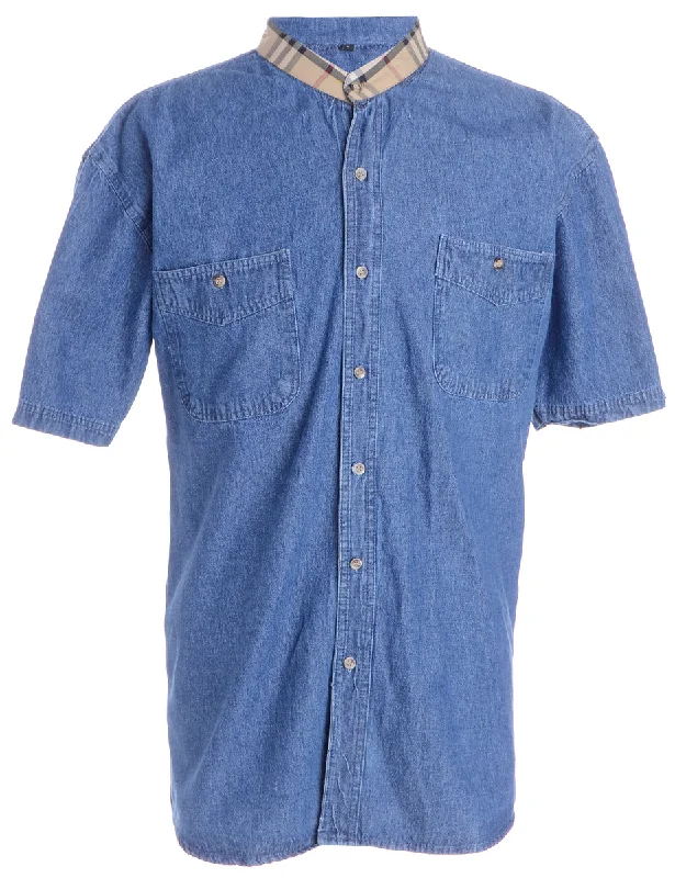 Label Grandad Collar Check Trim Denim Shirt