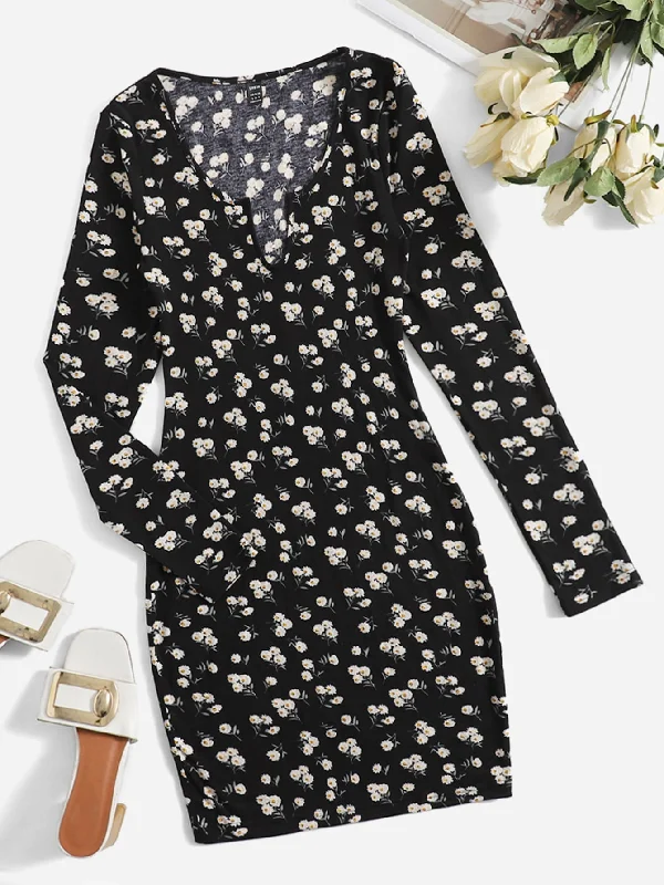 Casual Ditsy Floral Long Sleeve Notched Pencil Natural Short Dress